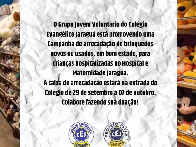 Participe da campanha de arrecadação de brinquedos do Grupo Jovem Voluntário!